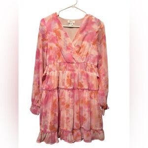 Japna Pink Watercolor Long Sleeve Ruffle Mini Dress | SZ S